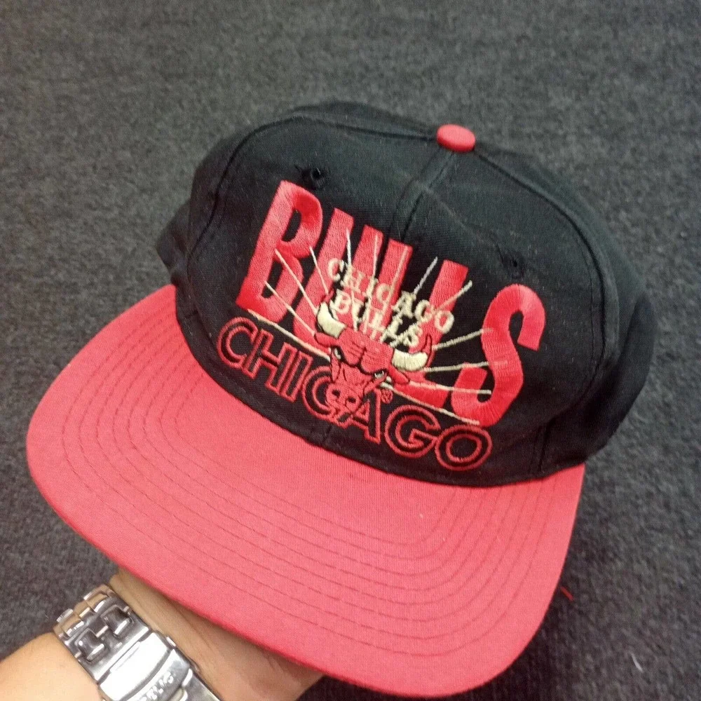 Vintage Chicago Bulls Hat Cap Black Red Script Logo NBA AJD Rare 90s VTG